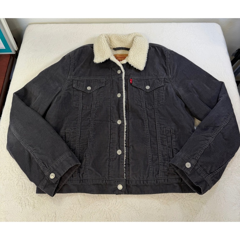 Levis Mens Corduroy Sherpa Trucker Jacket Grey Black Faux Fur Lined Size M